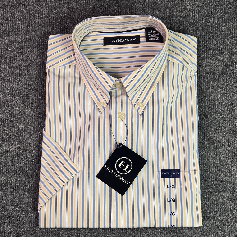 Hathaway Button-Up Shirt Mens Large Short Sleeve Striped White Blue Yellow NEW